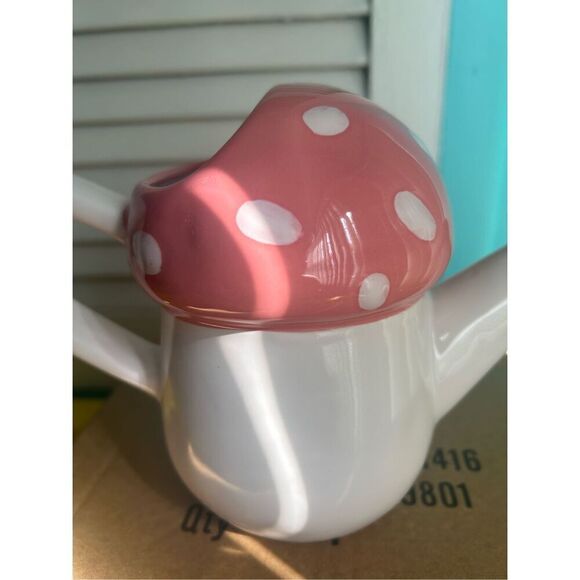 Rae Dunn Fairy Garden Ceramic Watering Can Planter Holder Pink Mushroom NIB - Picture 4 of 4
